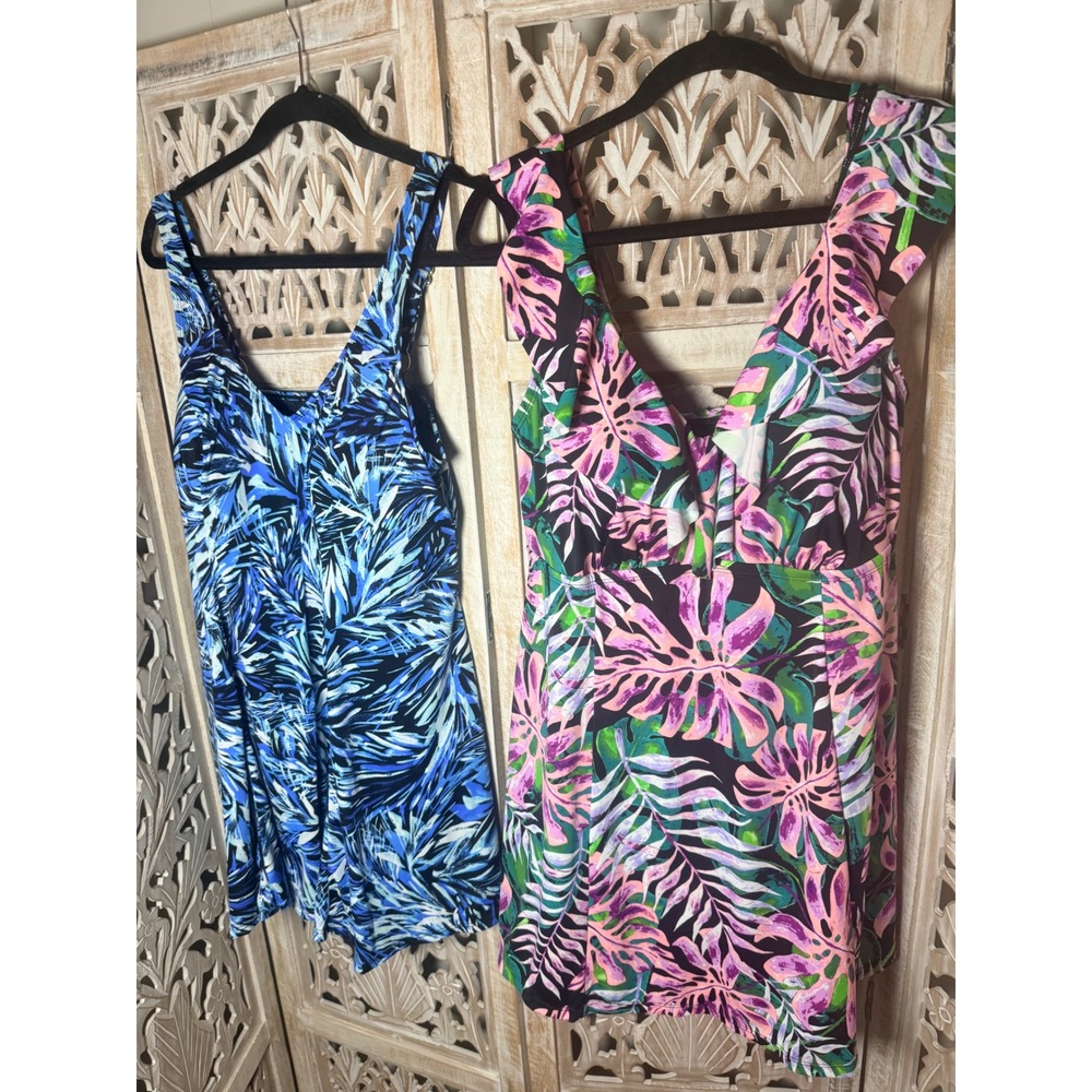 Fit 4 U Women Plus Size 20W Swim Dress Bundle Tropical Pink Blue Floral 2pc
